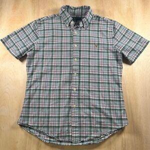 Ralph Lauren Boys Green Blue Plaid Slim Fit Short Sleeve Button Down Shirt M